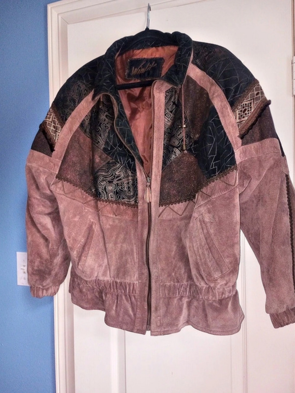 Winlit Women's Brown & Black Tribal Bomber leather Jacket Like New